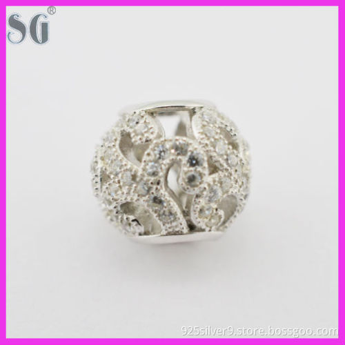 Sterling Silver Cute Woven Beads_Rhodium Plated Beads Fit Euro Style Bracelets_Shiny Flower Pattern With Clear CZ Beads